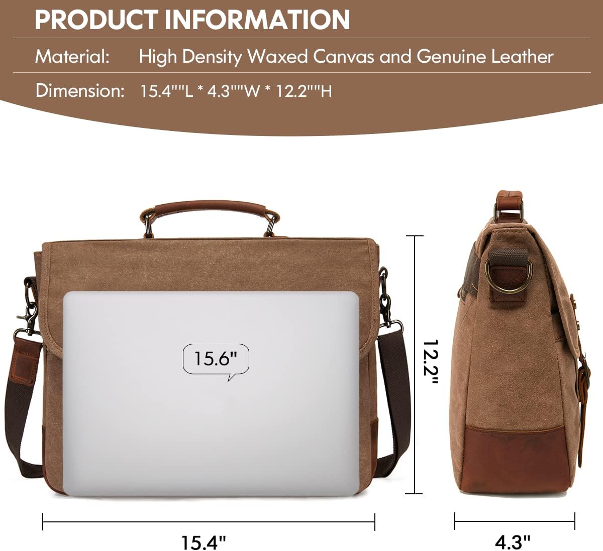 Mens Messenger Bag 15.6 Inch Waterproof Vintage Genuine Leather Waxed Canvas Briefcase Retro Office Computer Laptop Bag Large School Satchel Shoulder Bag for Men Women， Brown - Image 2